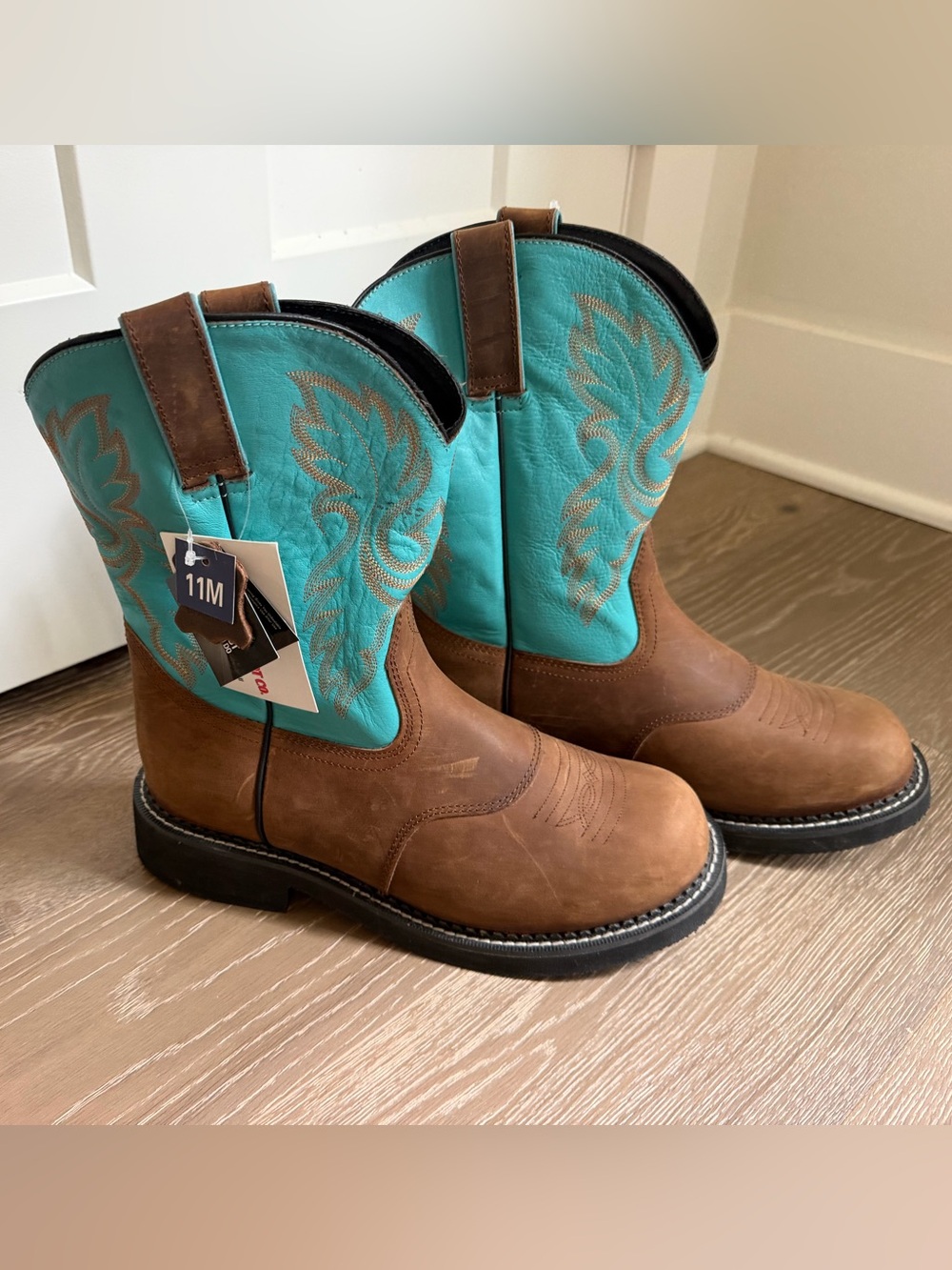 Women's Leather Two-Tone Brown and Turquoise Western Boots